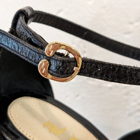 LAMB Lightning Bolt Black & Gold Metal Embellish T Strap Stiletto Sandals, 7/7.5 - Picture 6 of 16